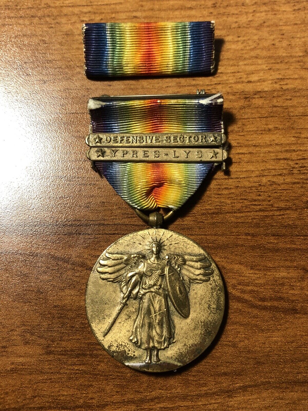 WW1 Great War US Victory Medal Military Original Wrap Brooch & Ribbon Bar