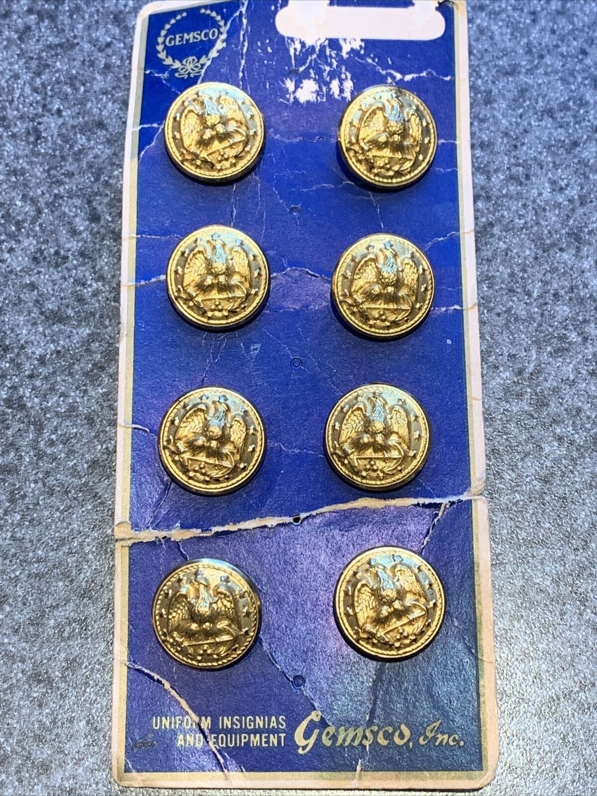 Vintage Gemsco Military Uniform Buttons Set Of 8 Eagle Gold Tone New on Card