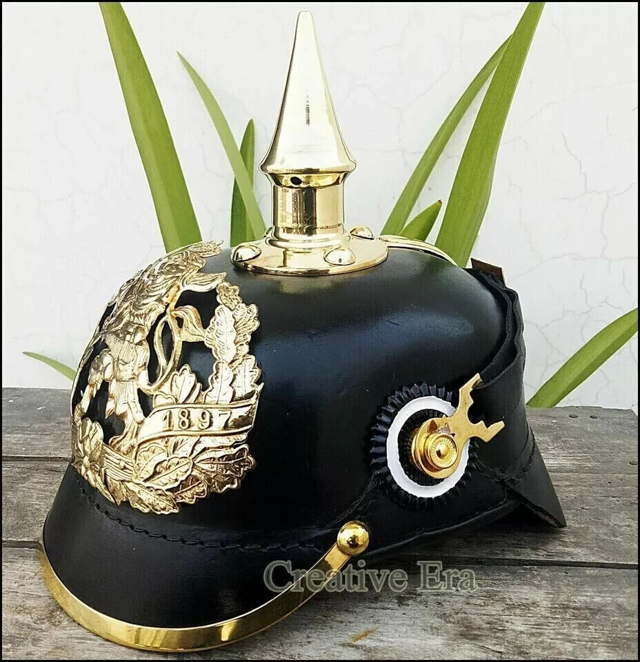 German Pickelhaube Officer\'s Leather Helmet Brass FinishBawarian Helmet Imperial