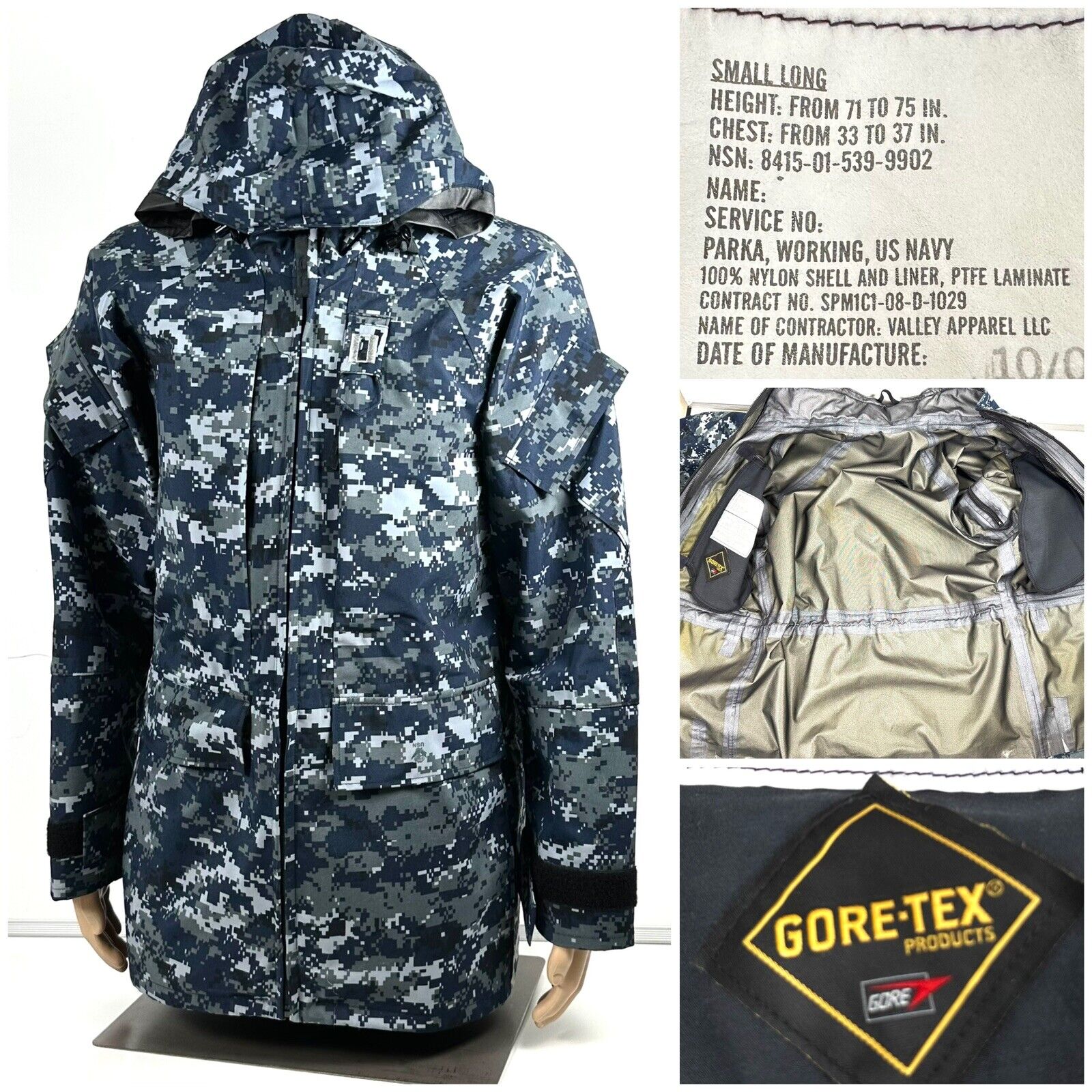 Genuine Men’s US Navy USN Digital GoreTex Working Parka Jacket Size Small Long