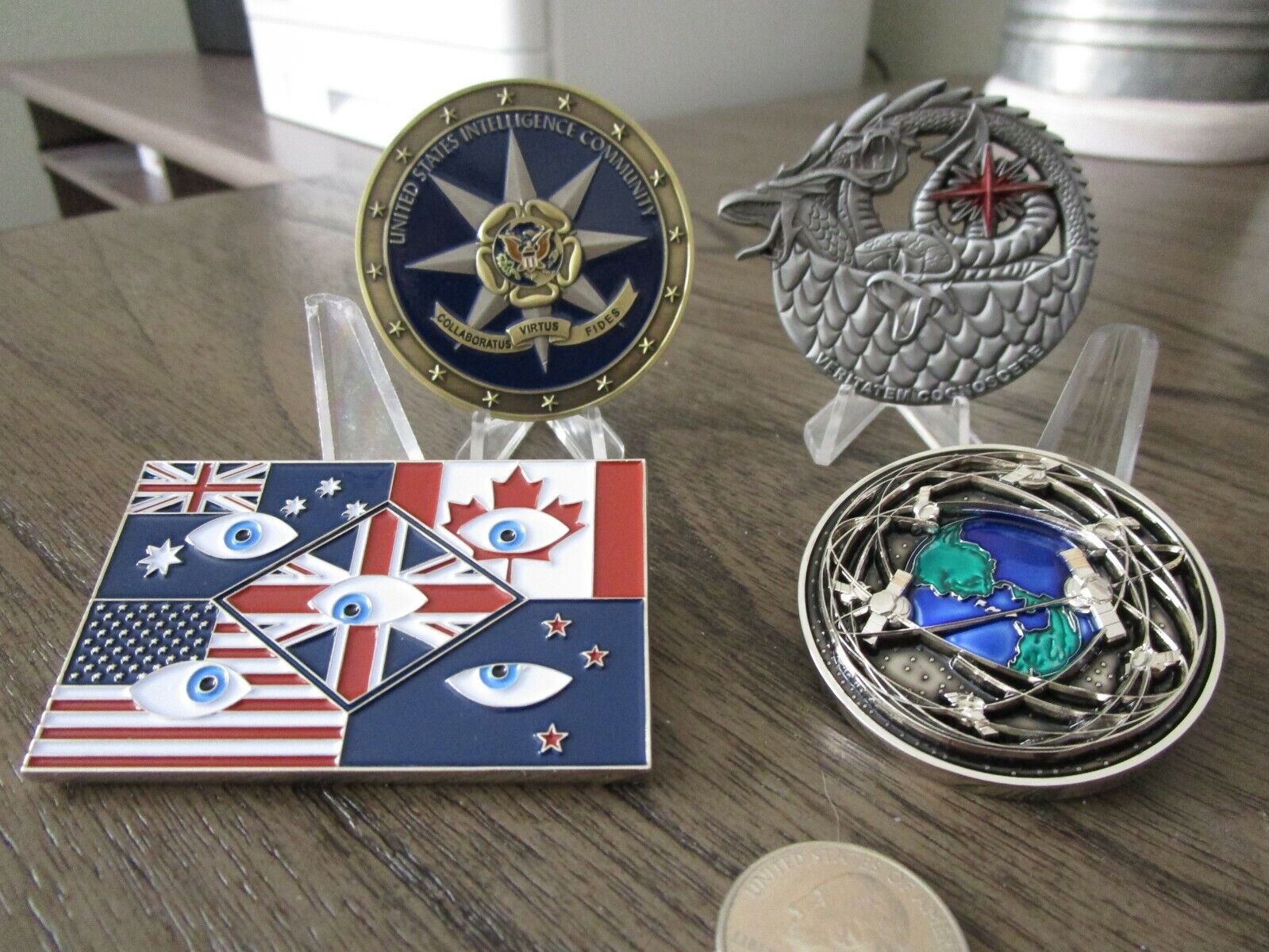 Lot of 4 Intelligence Challenge Coins NGA NSA Five Eyes IC Reaper CIA GCHQ CYBER