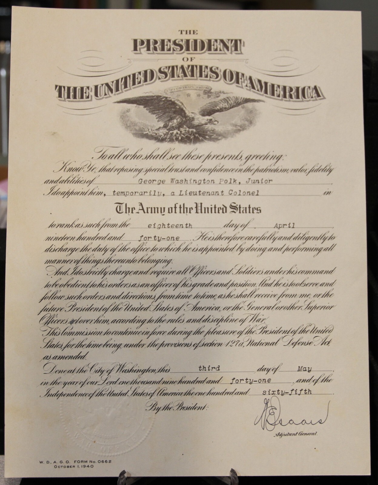 WWII Era U.S. Army Commission Certificate 1941 Lieutenant Colonel - Excellent