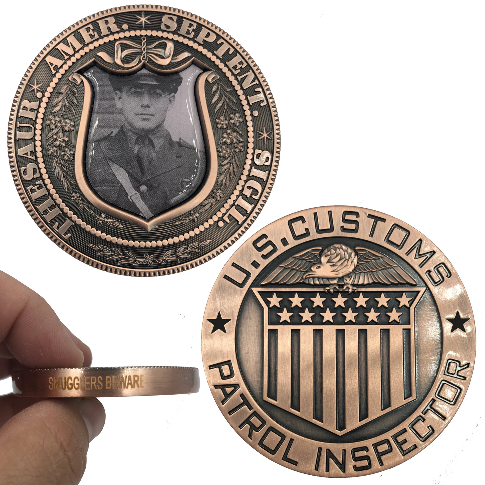 JJ-019 Smugglers Beware Vintage U.S. Customs Patrol Inspector Large Copper Chall