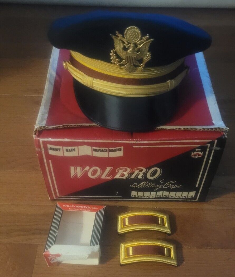 Vintage U.S. MILITARY WOLBRO HAT CAP AND SHOULDER PATCHES WITH BOX