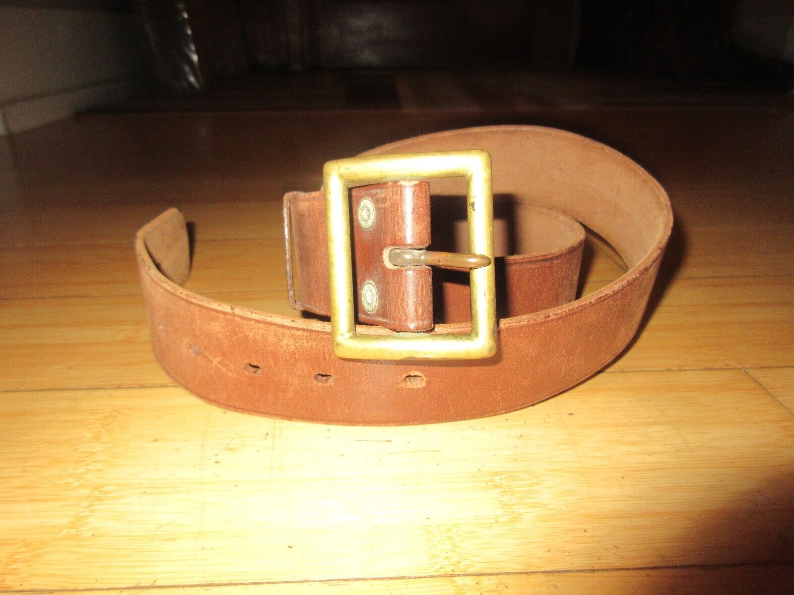 Vintage WWII US MILITARY Leather Belt US JQMD 1939 Army brass J.Q.M.D. WW2 1930s