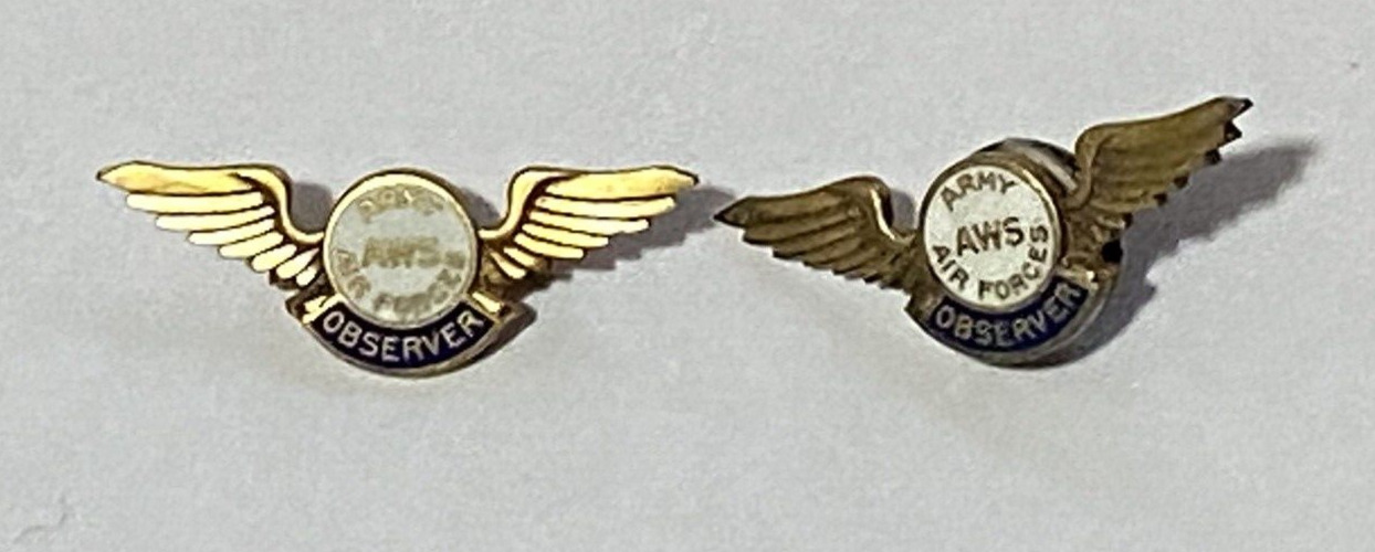 TWO Vintage Sterling US Army Air Force Wings AWS Observer Pins World War II Era