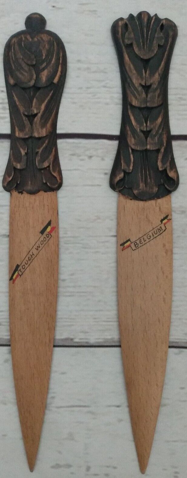 WW2 Belgium Souvenir Vintage Wooden Letter Opener Touch Wood  Set of 2