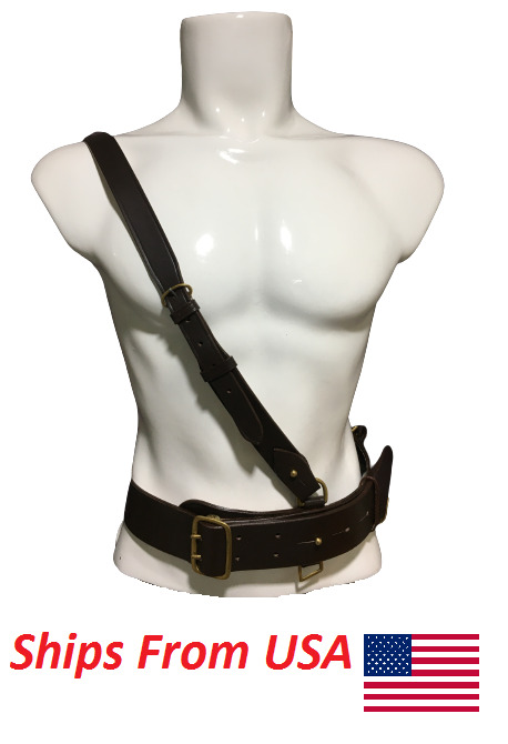 Army Sam Browne Belt With Shoulder Strap Brown Leather Brass Uniform-90 cm