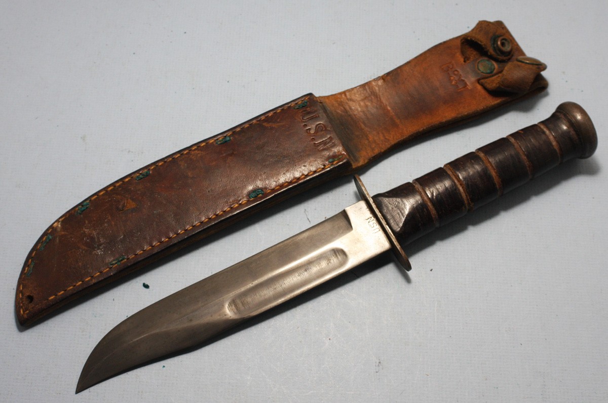 WW2 EARLY ROUND TANG US NAVY USN  KA-BAR OLEAN NY FIGHTING KNIFE BOYT SHEATH #89