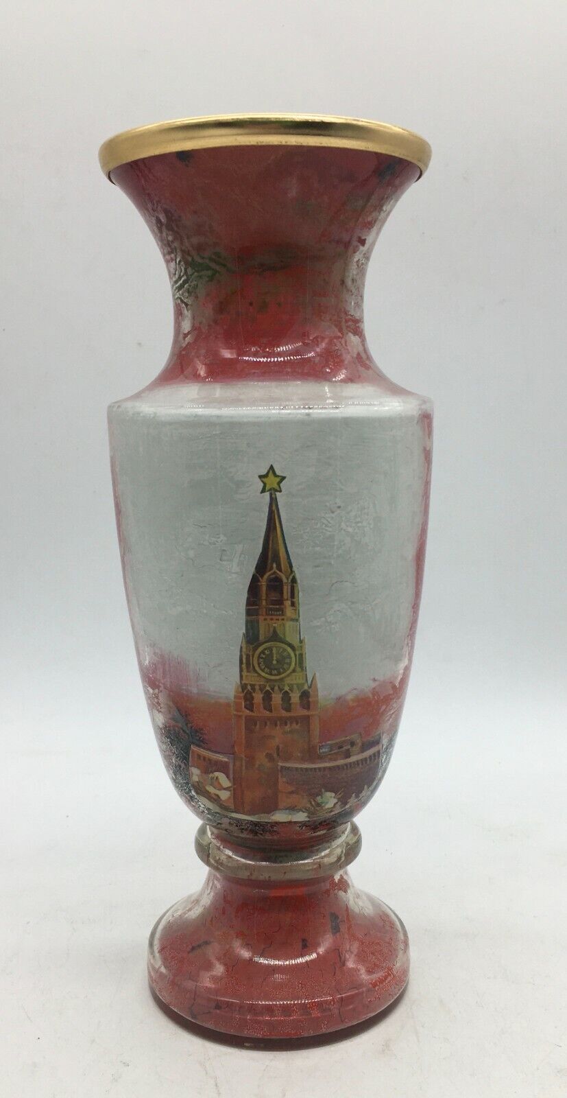 Glass Copper Vintage Old Vase Landscape Red USSR, Moscow Kremlin