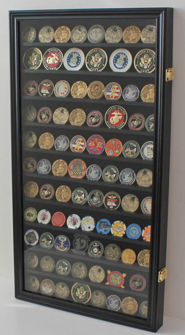 LOCKABLE Challenge Coin Display Case Cabinet Pin Medal, Glass Door