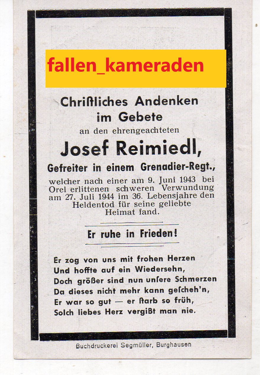 original german ww2 Death Card JOSEF REIMIEDL fell 9 june 1943 OSTEN