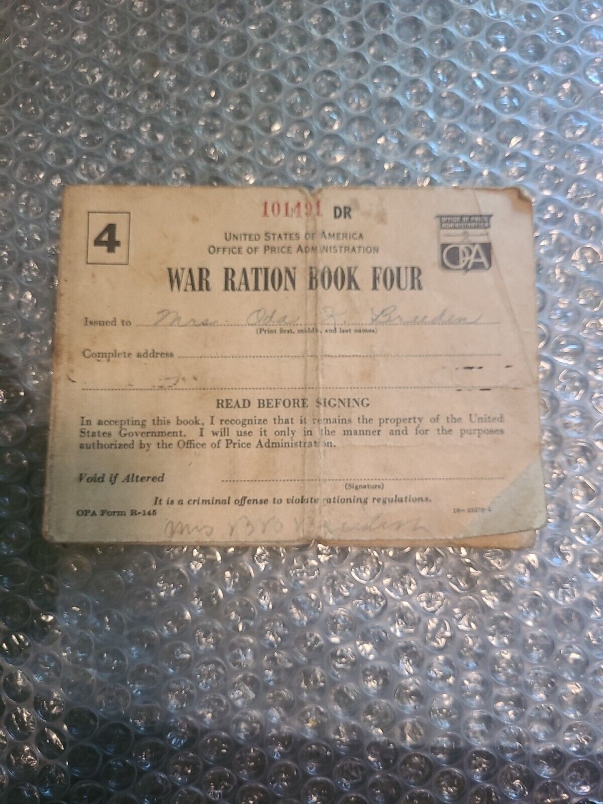 Bennettsville SC World War 2 War Ration Book W/ Stamps