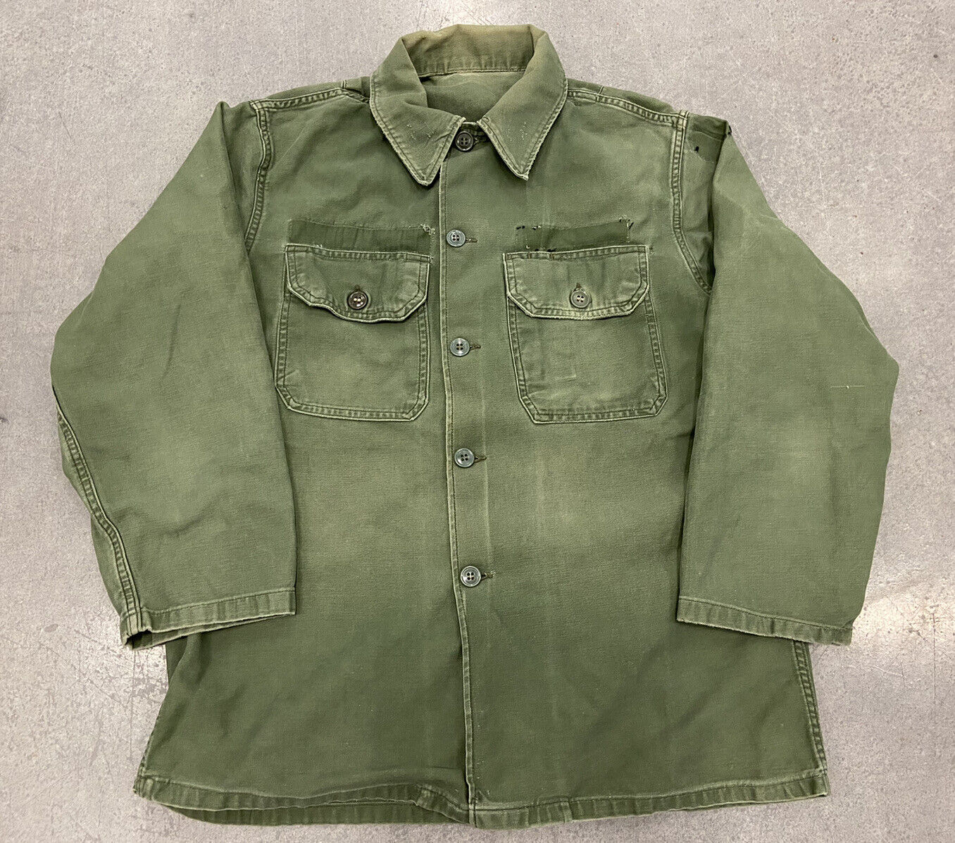 VTG Vietnam Era US Army OG-107 Sateen Utility Button Shirt Jacket Sm/Md 1964