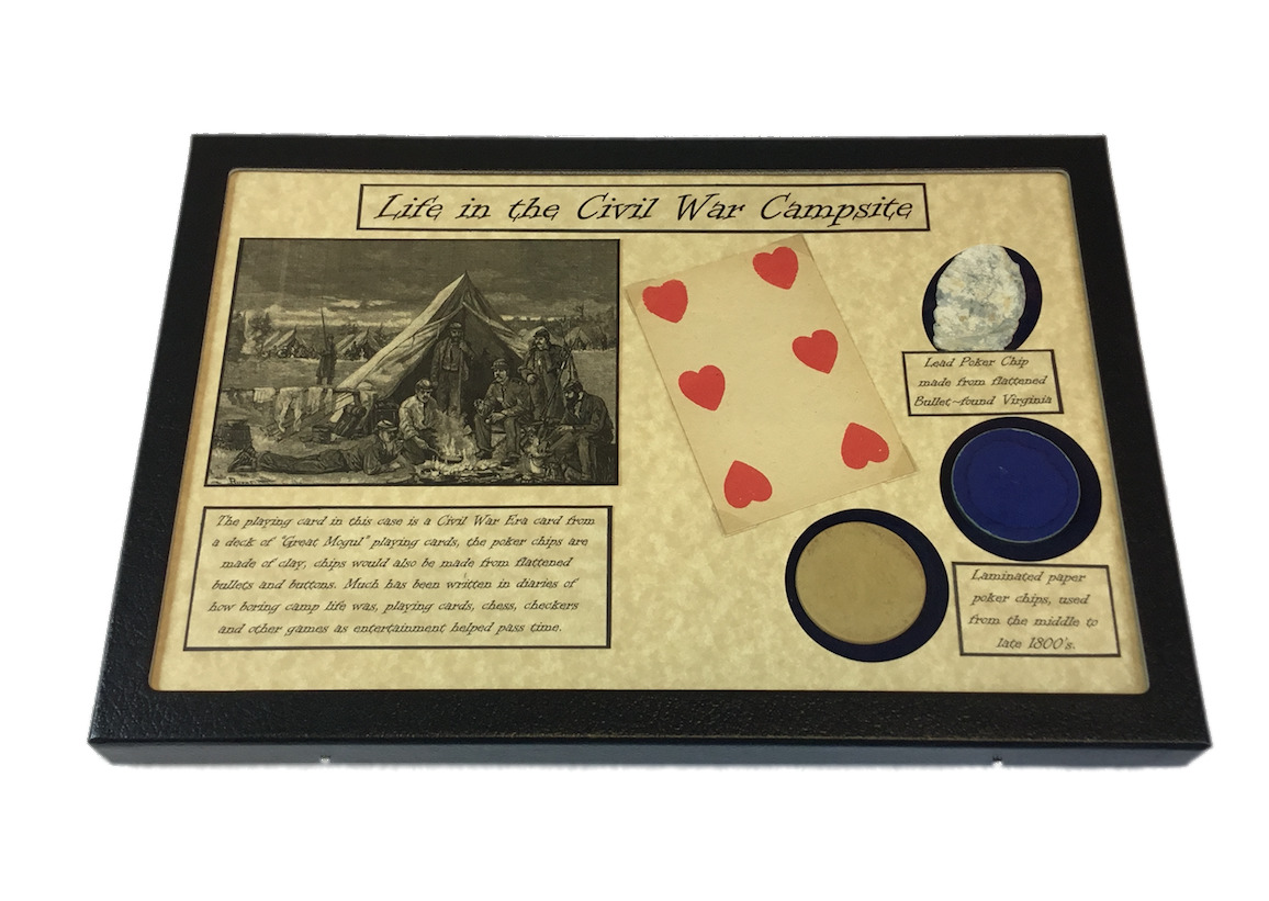 American Civil War Era Playing Cards with Poker Chips in Display Case with COA