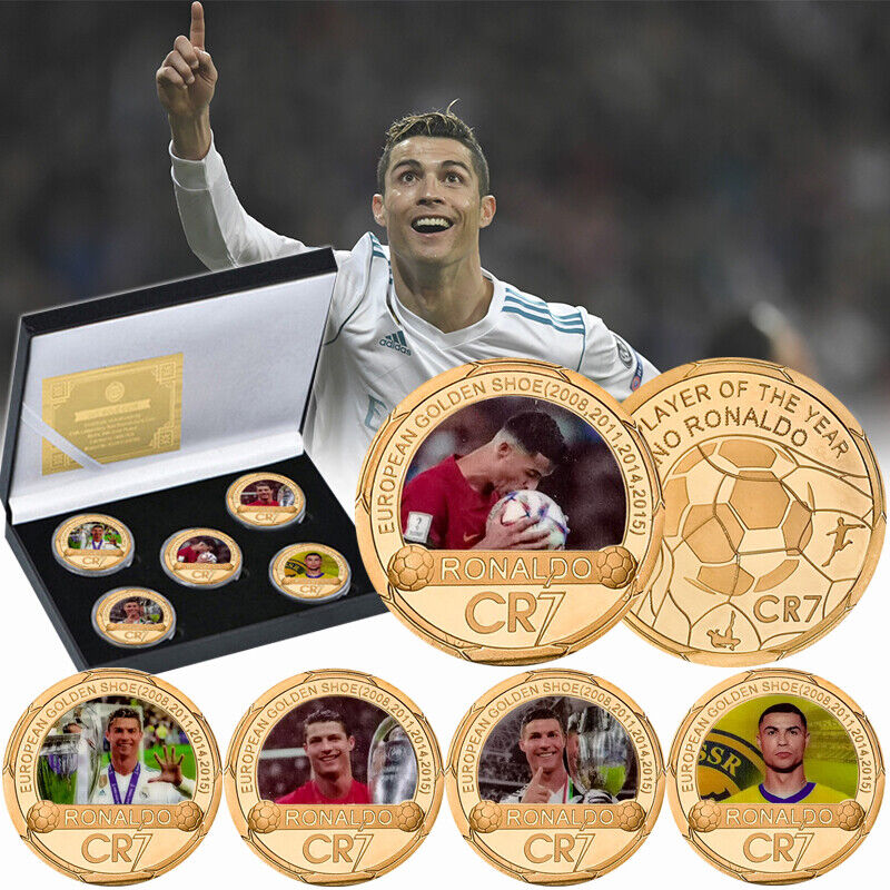 5PCS Cristiano Ronaldo Gold Coins Gift Box Set CR7 Football Super Star Souvenir