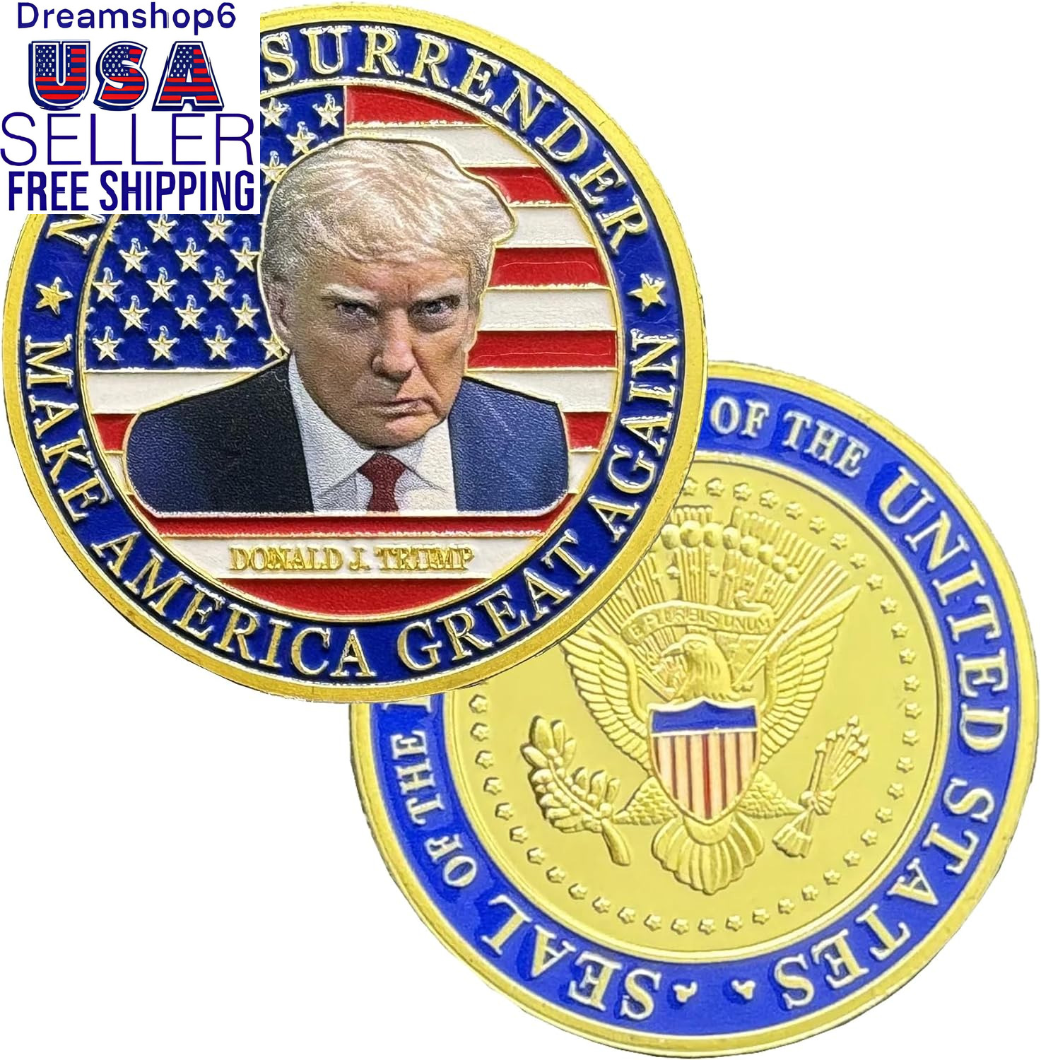 Never Surrender Trump Challenge Coin 2024 Make America Great Again 40Mm Gold Pla