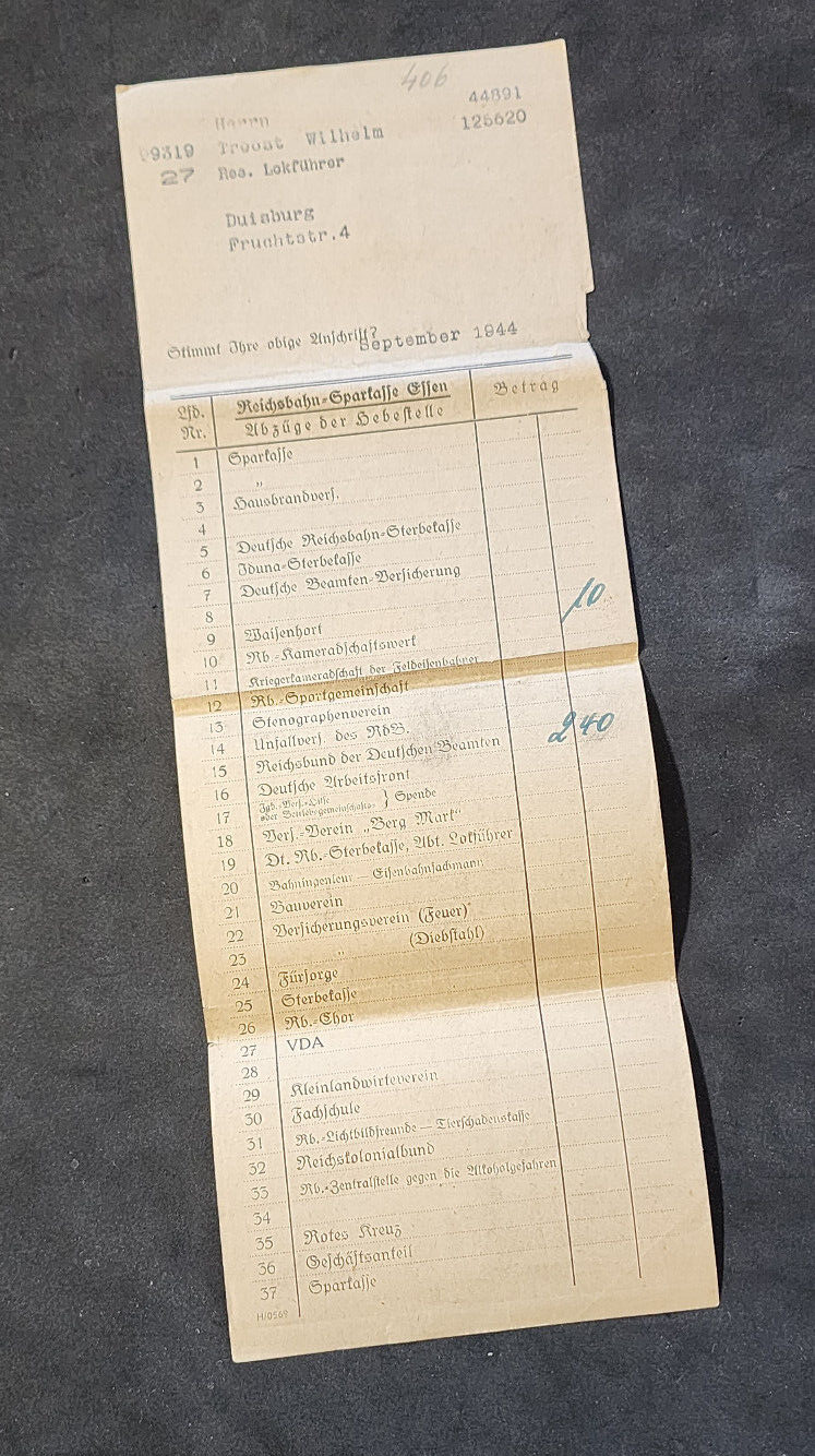 WW2 WWII Late war German paper document REICHSBAHN Railways Train receipt 1944