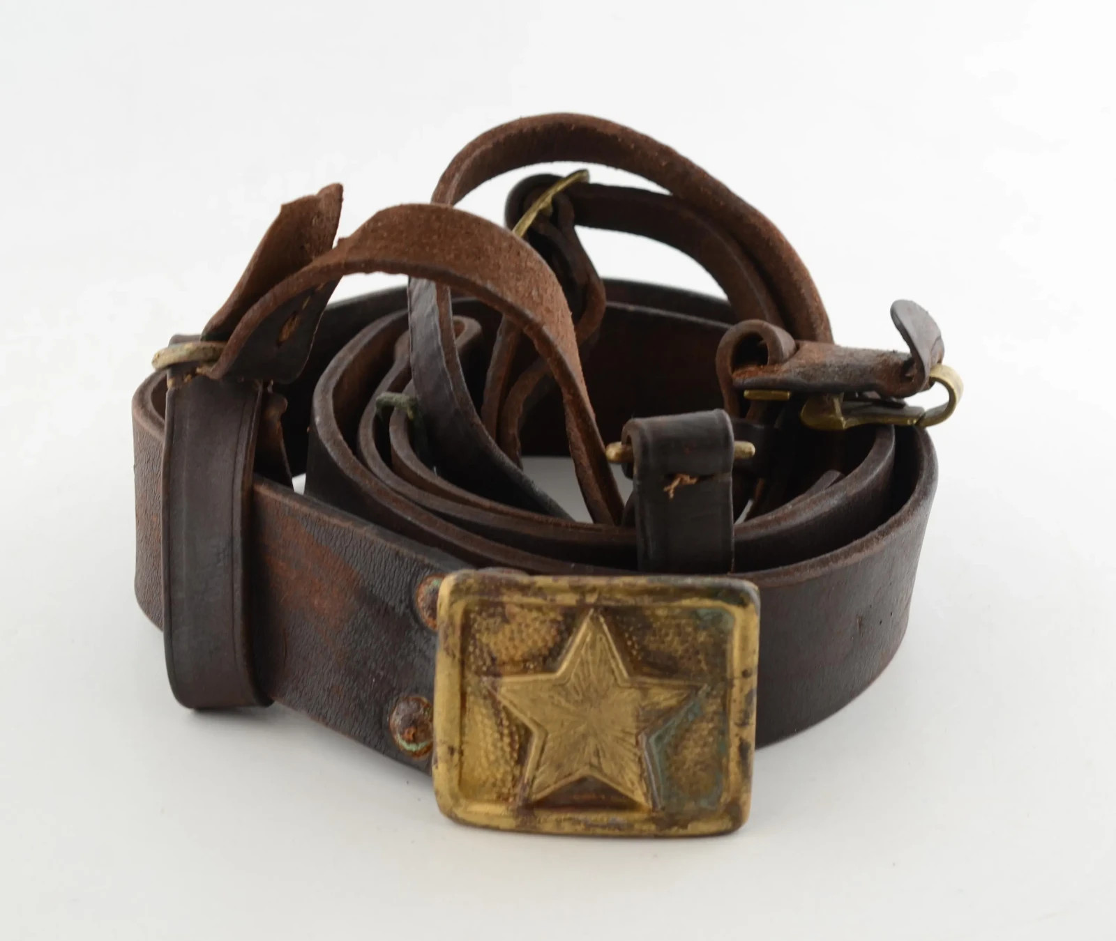 Vtg Military Communist Era Bulgarian Officer Leather Belt & Strap Brass buckle