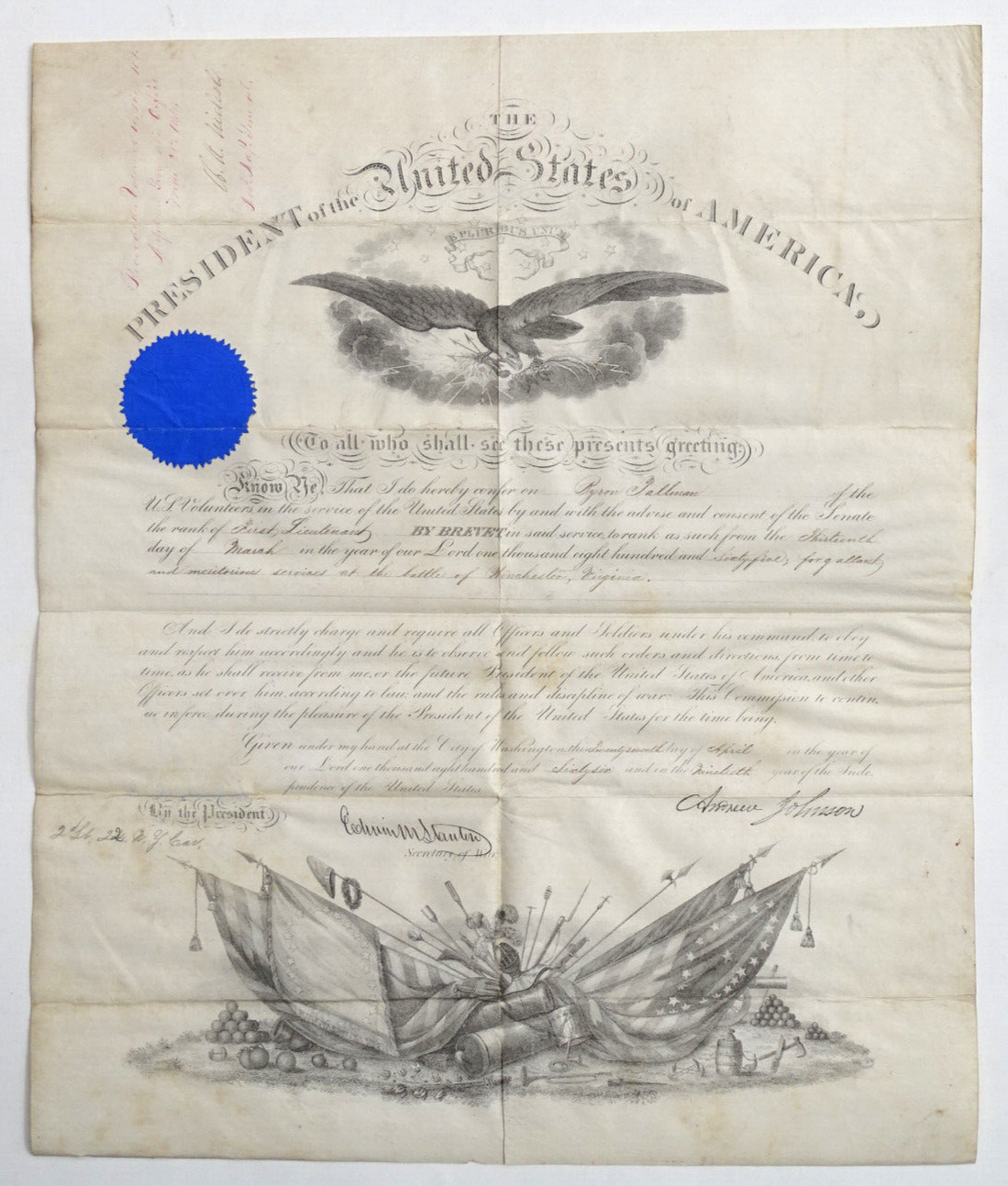 Civil War Andrew Johnson Stamp Signed Brevet Commission c. 1865 Document - EP1