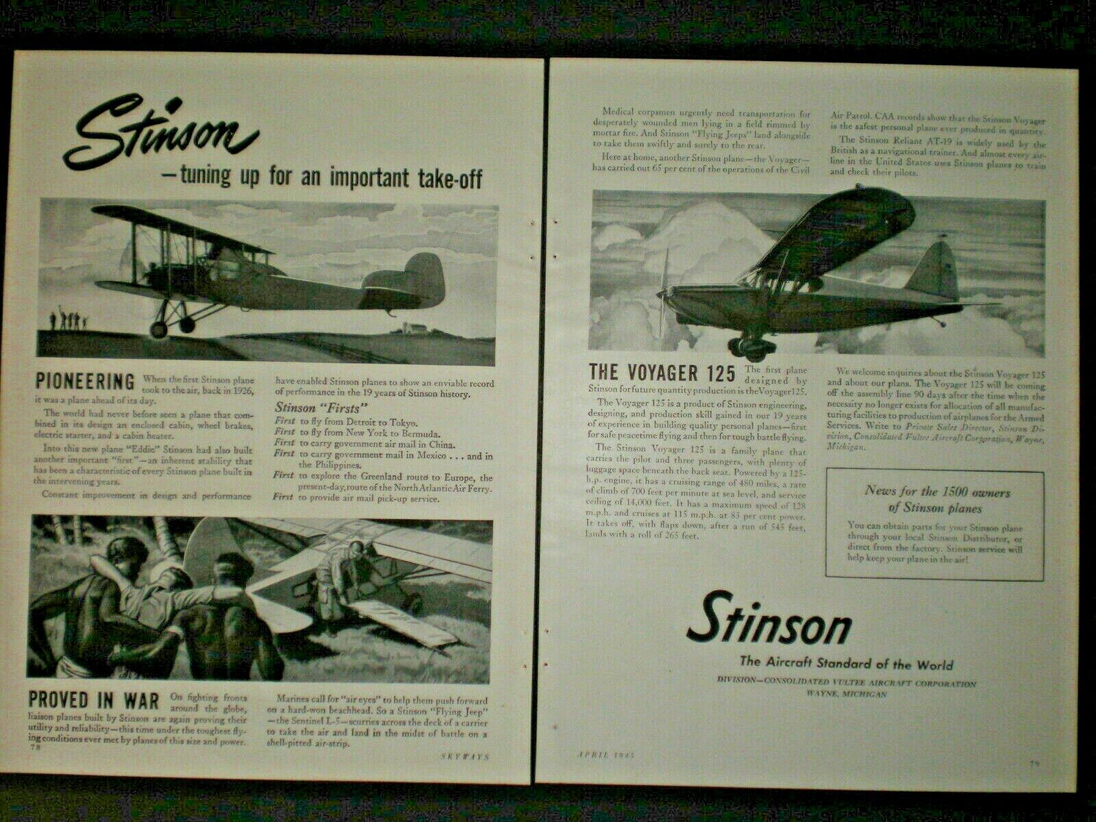 1945 VOYAGER 125 WWII vintage STINSON PLANE Trade print ad