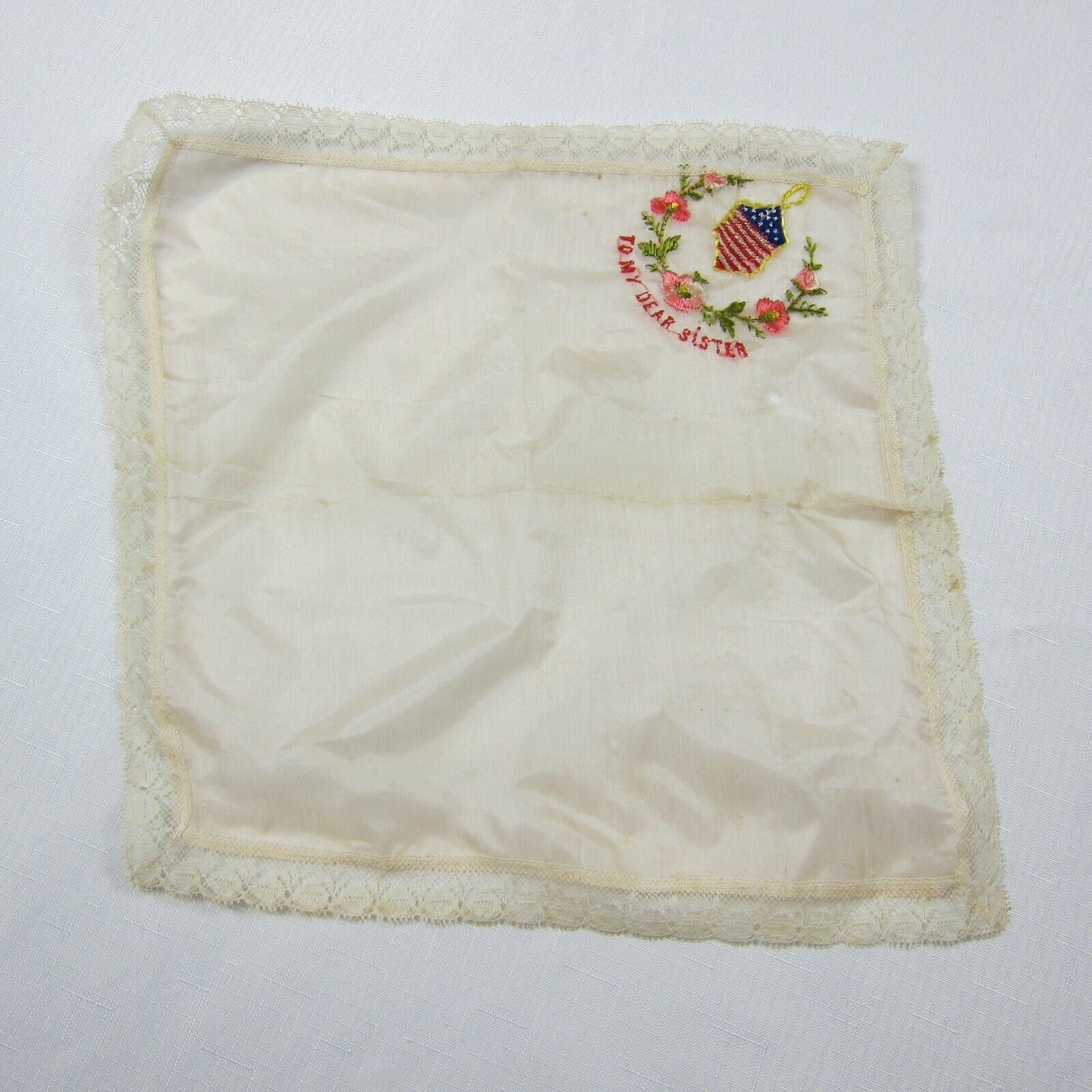 Vintage WWII Souvenir Silk Handkerchief USA Flag To My Dear Sister Floral & Lace