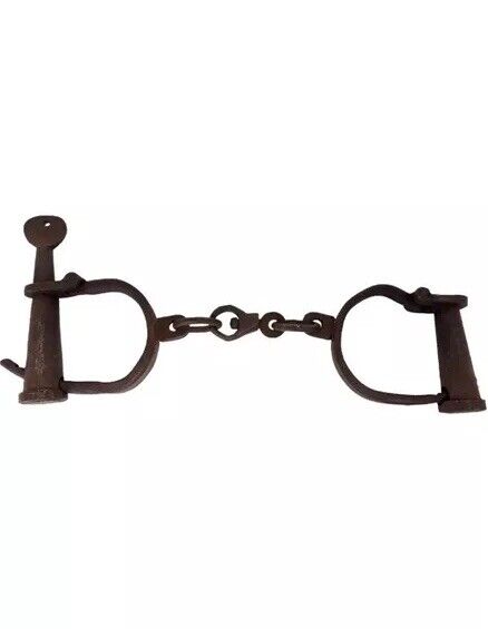 Rare Antique Civil War Era Working Iron Prisoner Handcuffs And Key. Working