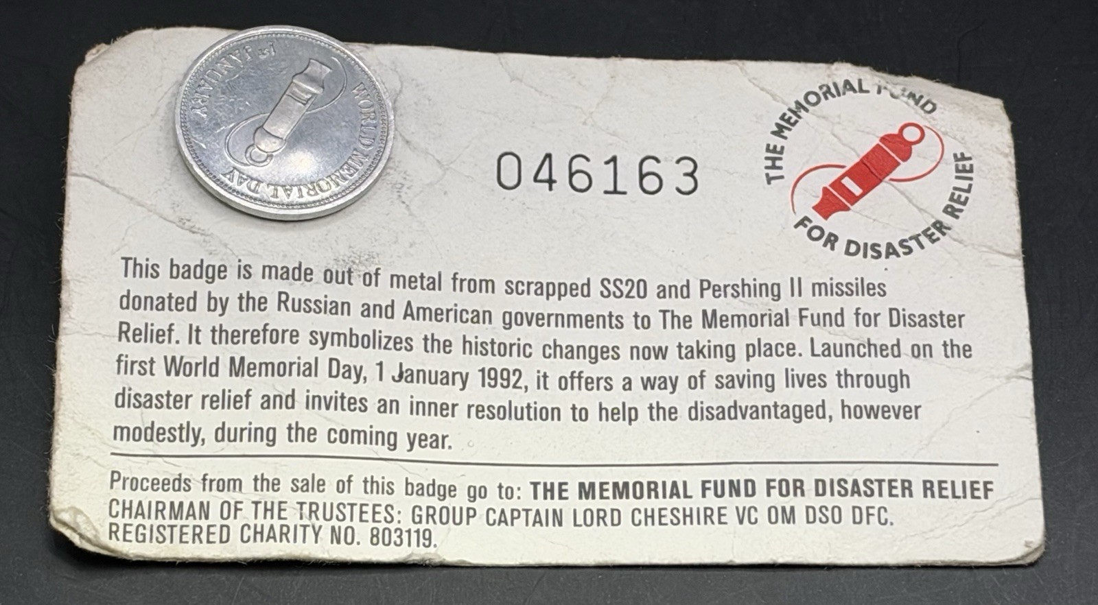 Soviet SS20 / US Army Pershing II Nuclear Missile Metal Relic Pin Badge W/Card
