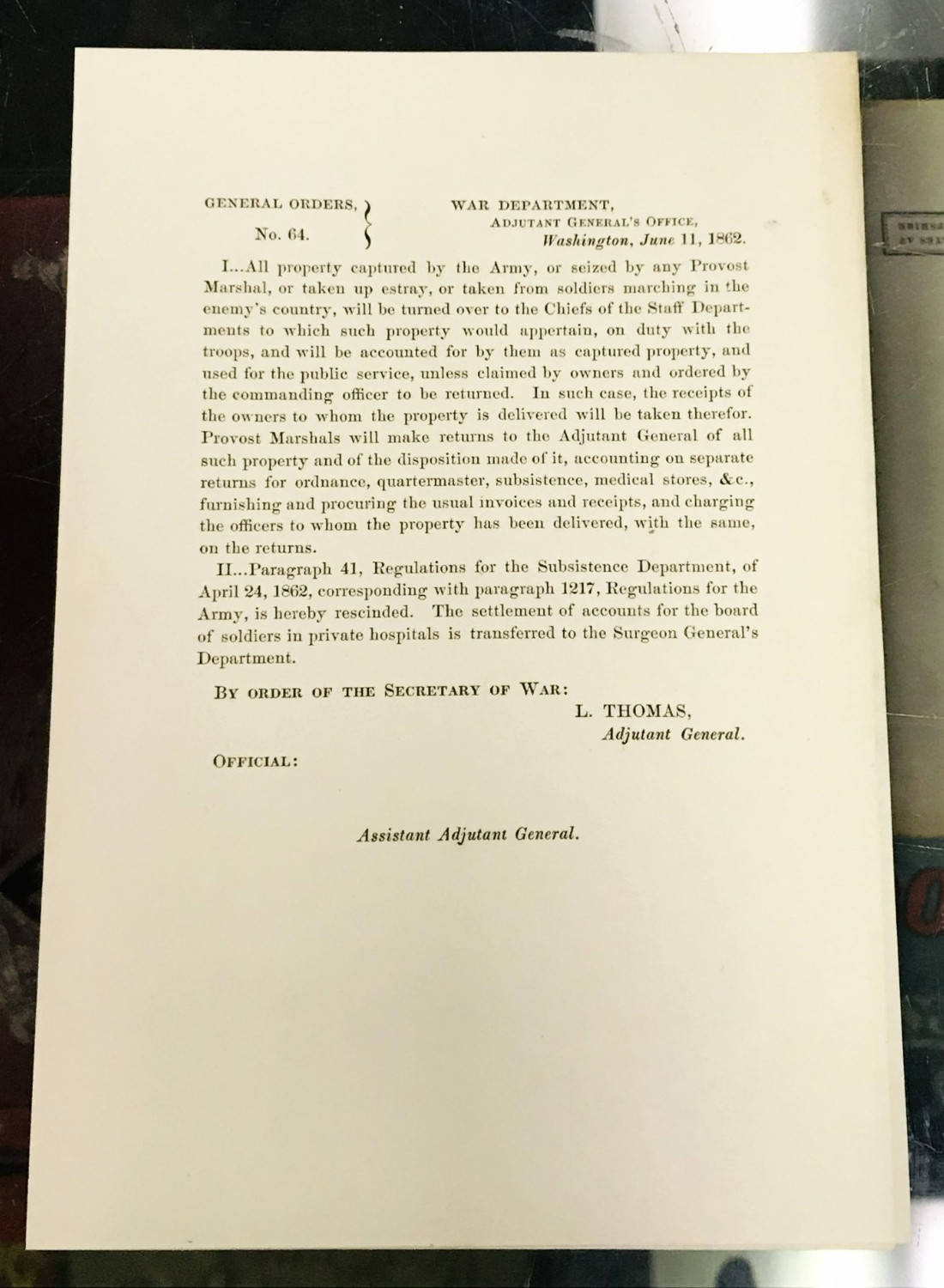 Original 1862 Civil War Orders Property Captured By The Army Chief of Staff Dept
