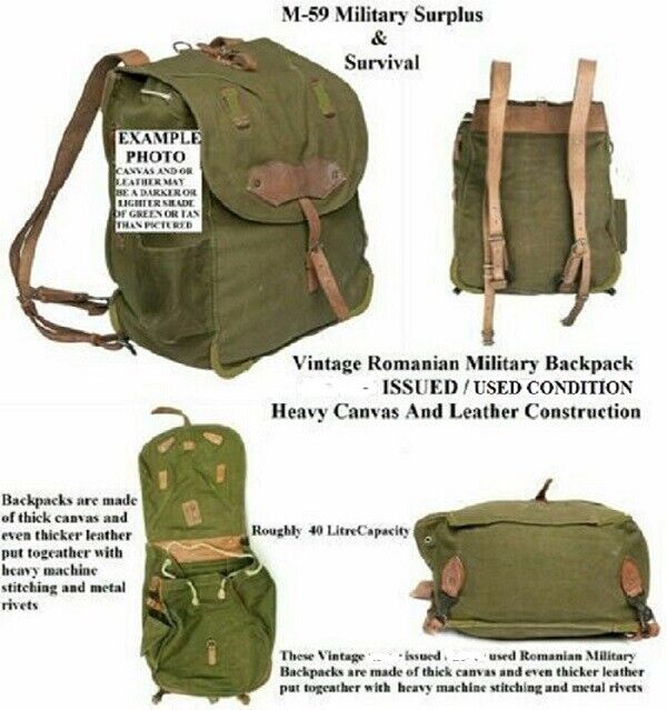Vintage  Romanian Army Canvas Backpack With Leather Shoulder Straps - ( USED )