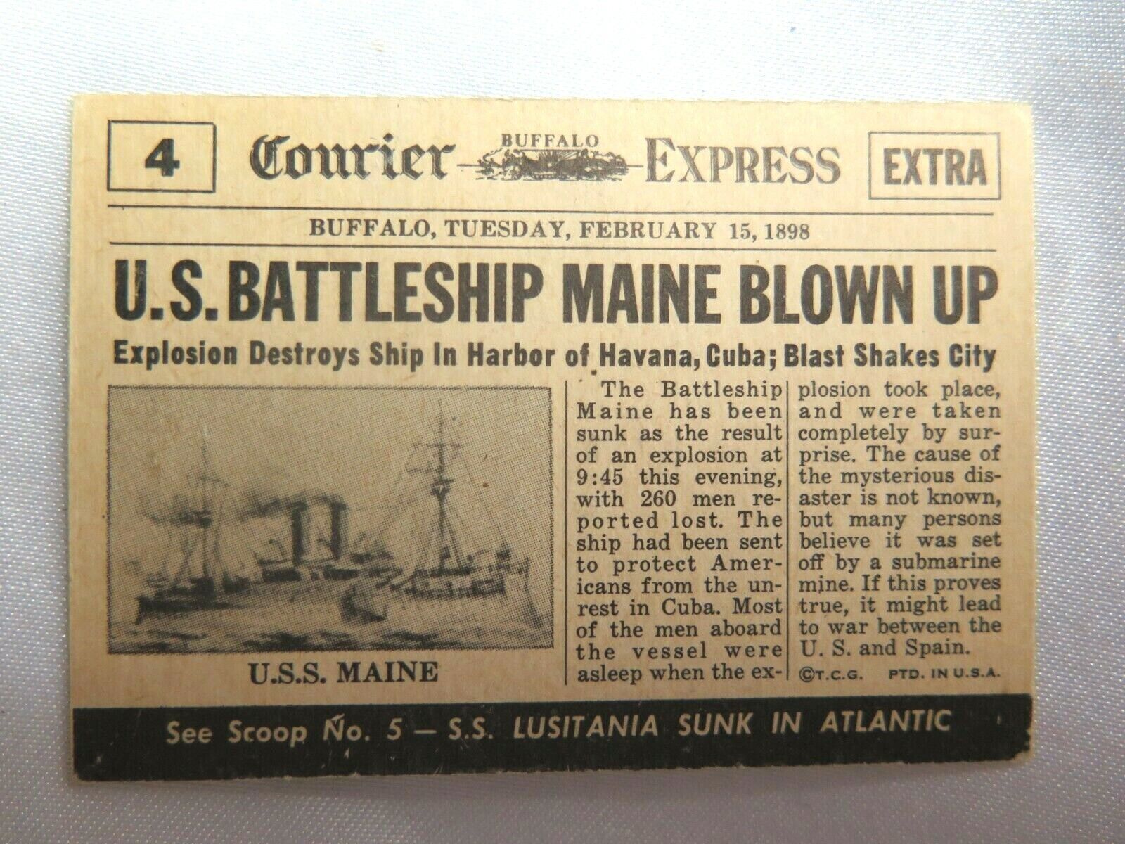 1954 Topps Scoop #4 Battleship Maine Blown Up CARD SPANISH AMERICAN WAR 1898 USA
