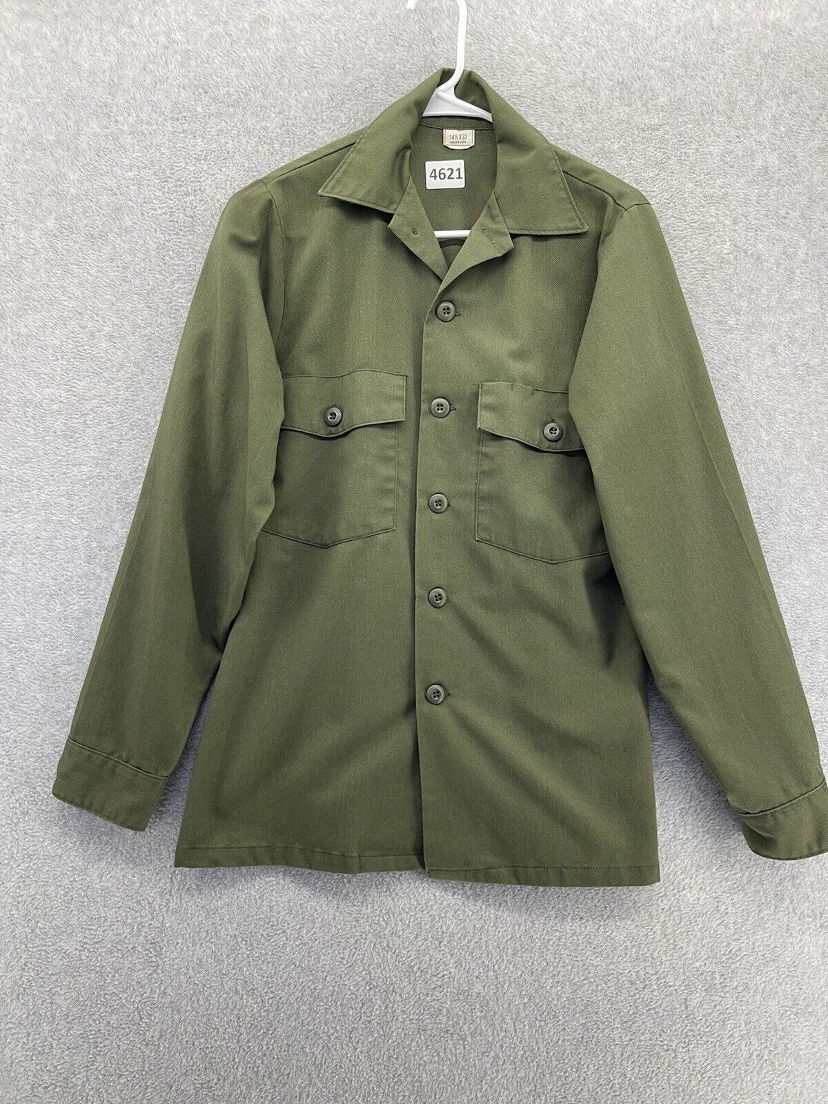 US Military Utility Top Button Front Solid Olive Green Vintage Size 14.5x33