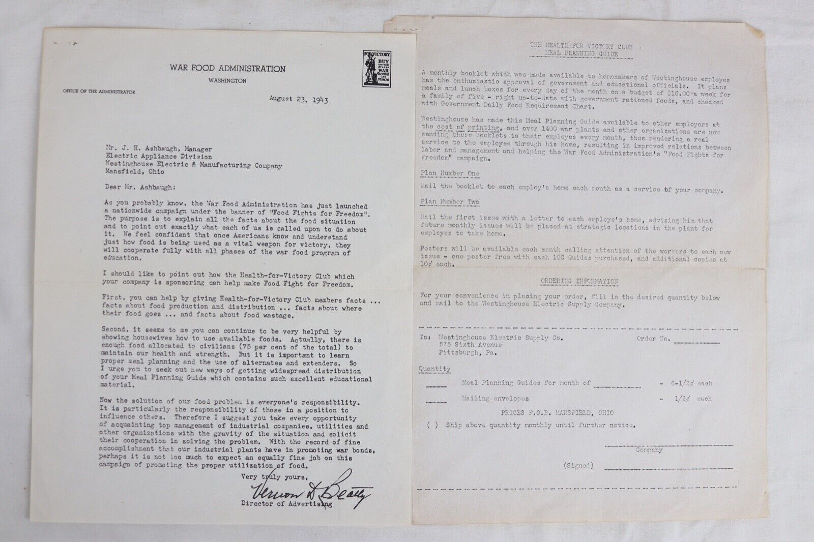 War Food Administration Westinghouse Electric World War II Meal Plan Letter WWII