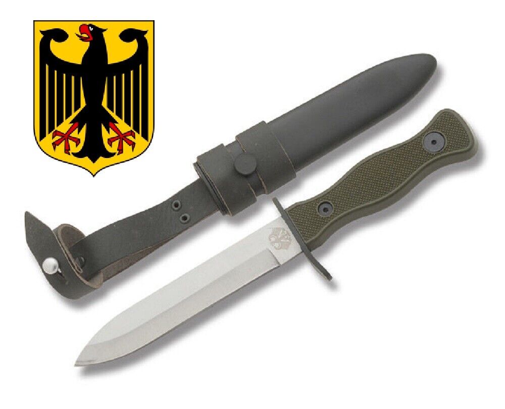 German Army Combat Fixed Blade Knife w/ Leather+Metal Sheath Bundeswehr Military