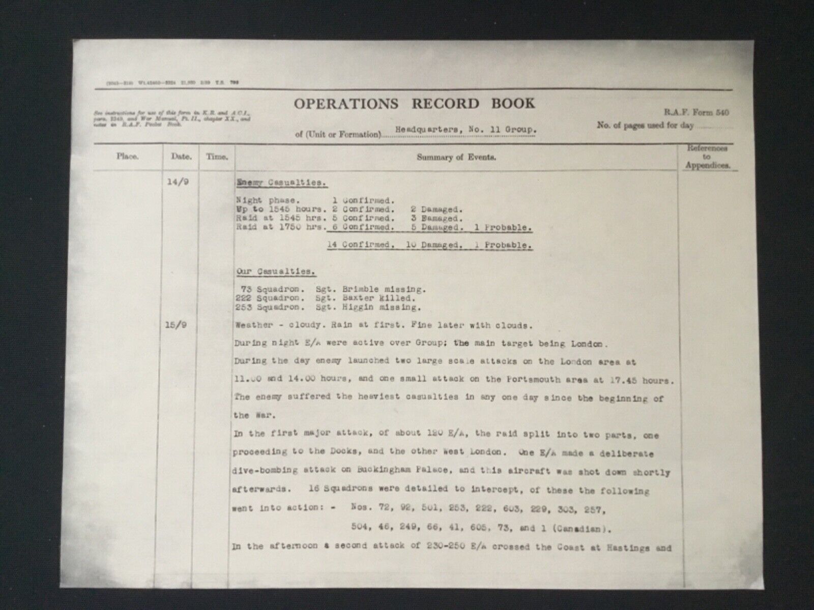 WWII 1940 15TH SEPT BATTLE OF BRITAIN DAY OPERATIONS RECORD BOOK SHEET *(Repro)*