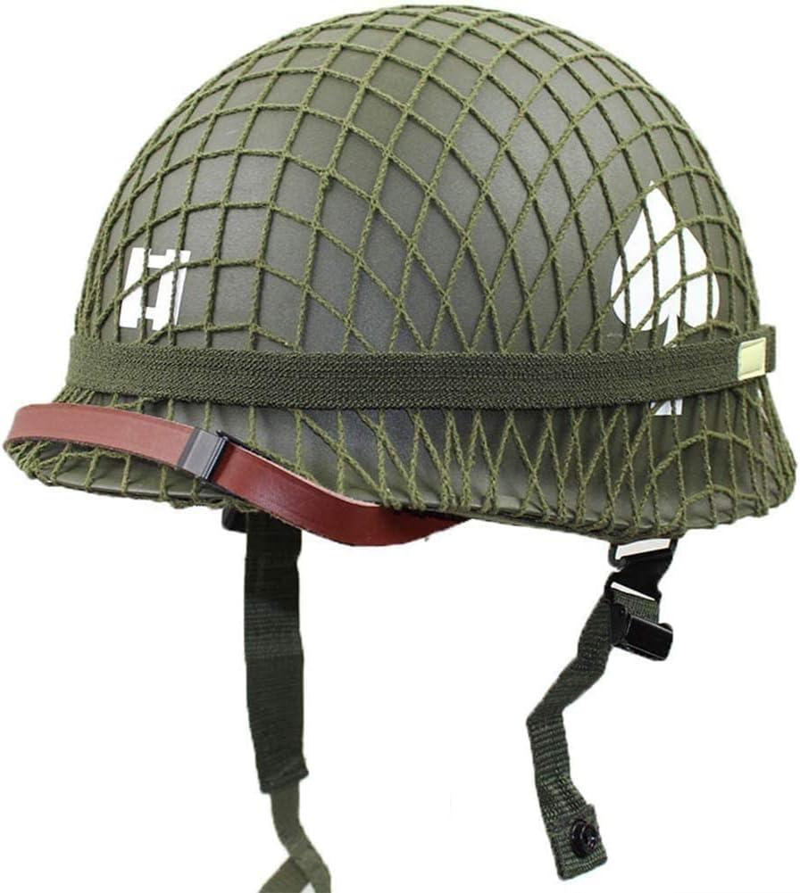 WW2 US Army Helmet Replica (Green) - Mesh Net, Chin Strap, DIY Paint (M1 Style)