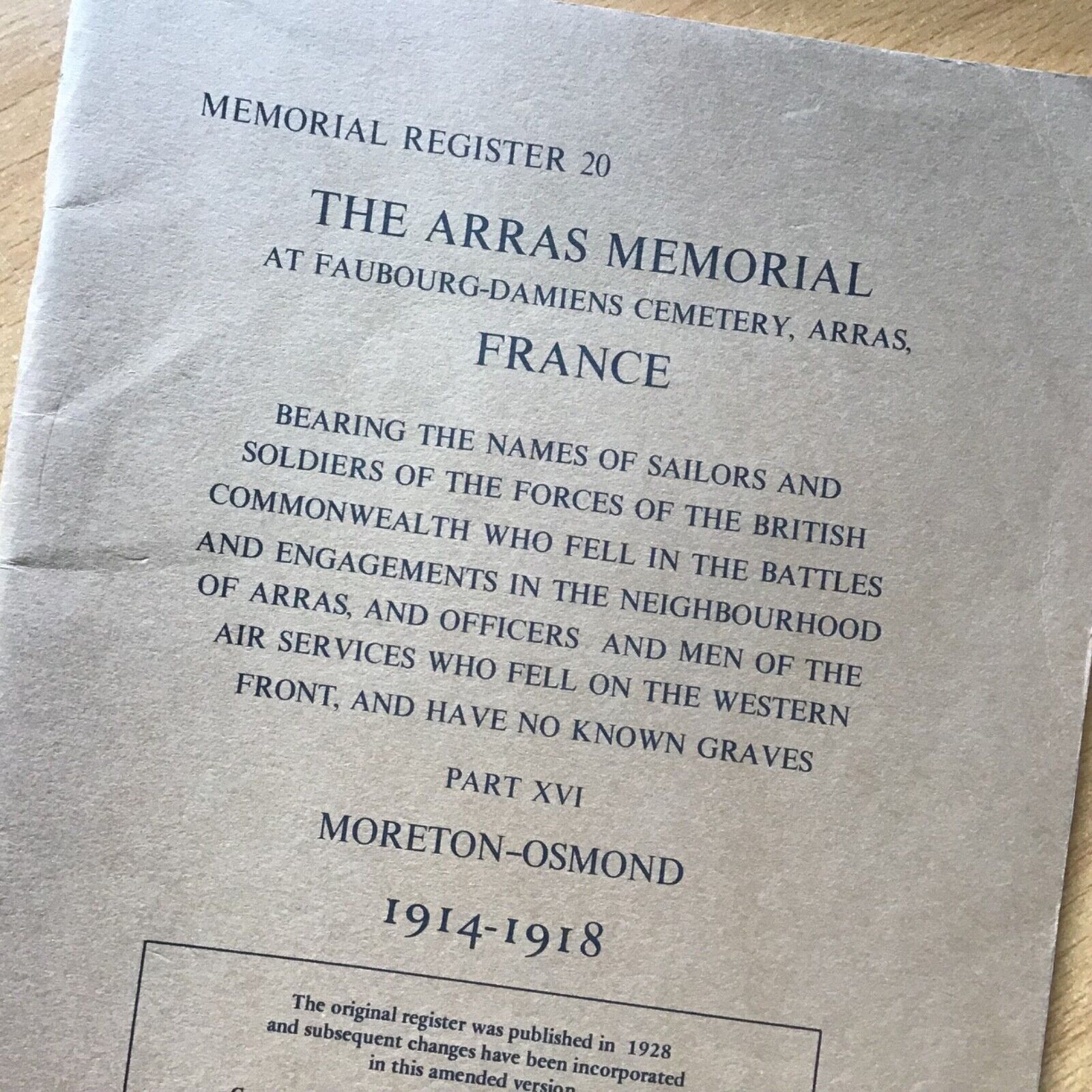 MILITARY HISTORY BOOK: 1914-18 MEMORIAL REGISTER: THE ARRAS MEMORIAL, PART XVI