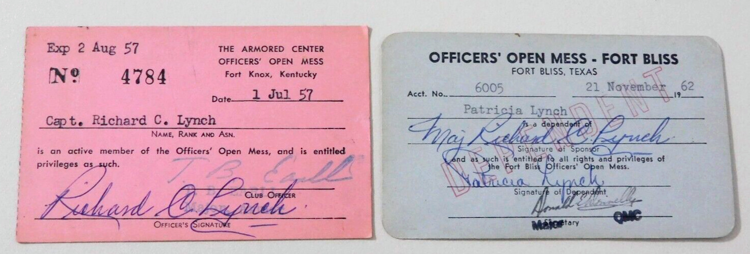 2 MILITARY OFFICERS OPEN MESS ID CARDS-FORT KNOX, KENTUCKY & FORT BLISS, TEXAS