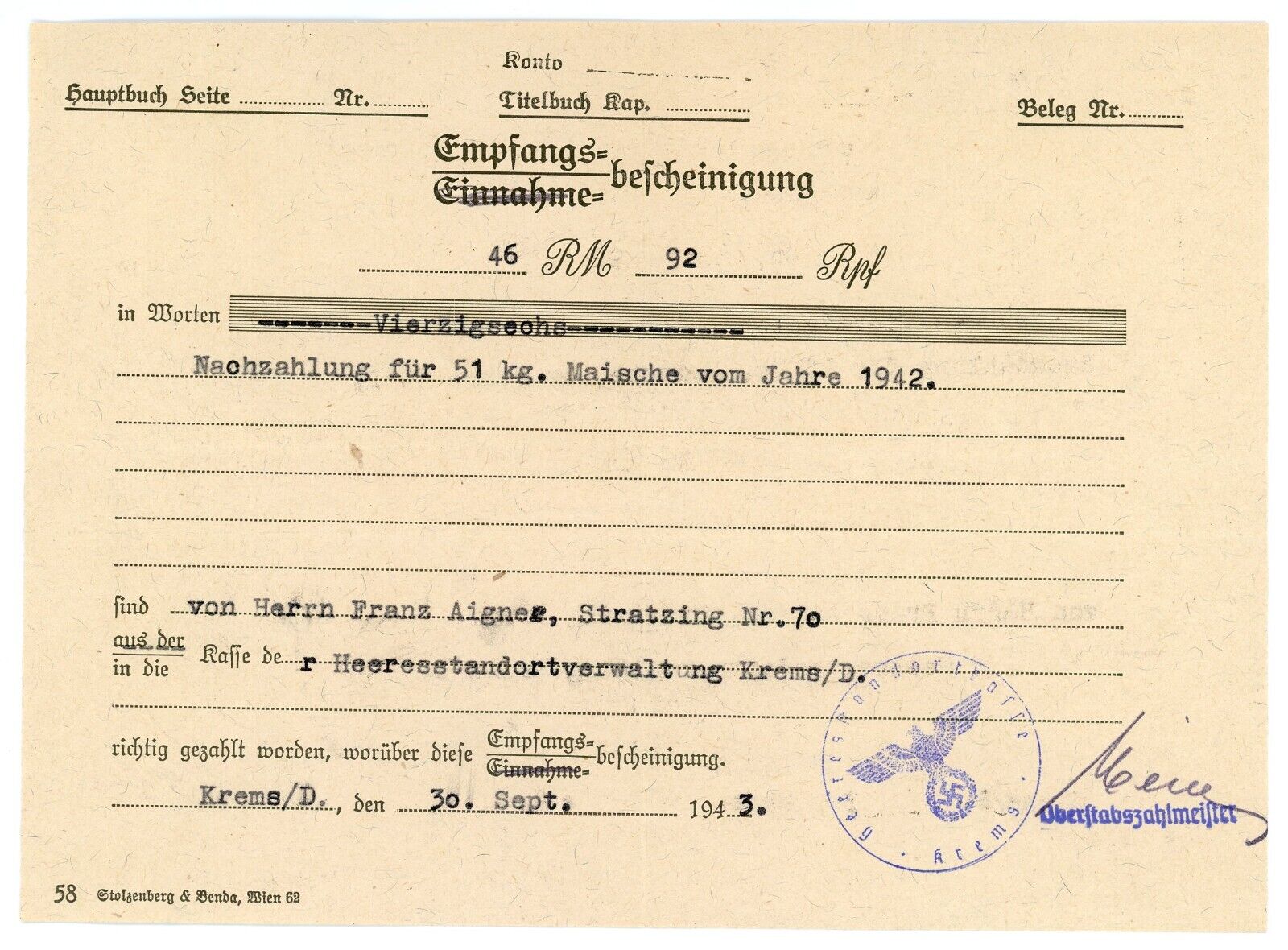 German Third Reich Document Heer Paymaster Receipt Eagle Stamp From 1943