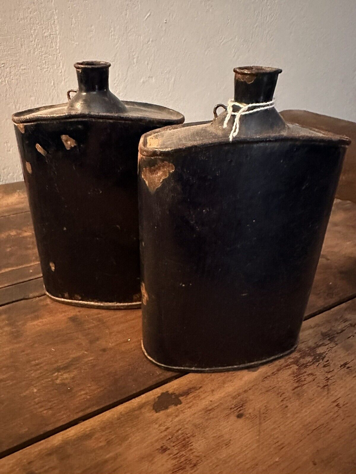 Antique UK WW1  Dark Blue Bengal Enamel Water Canteen Bottle  Military Metal X2