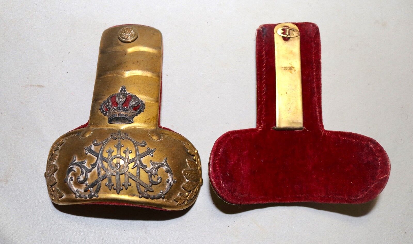 Pair of Antique 1800's Spanish Epaulettes Gilded Brass silver Military Soldier