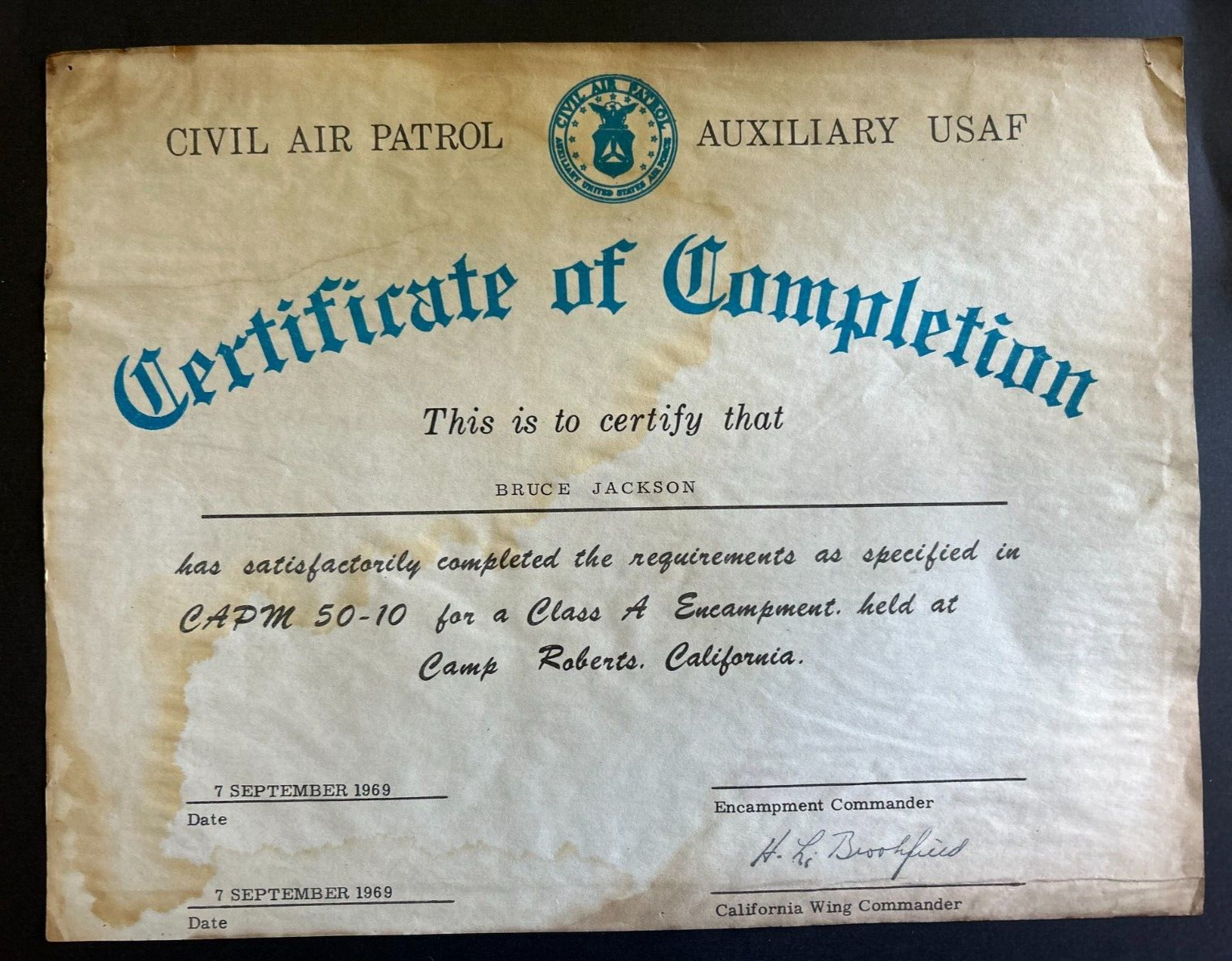 Vintage USA Auxiliary Air Force Certification of Completion 1969