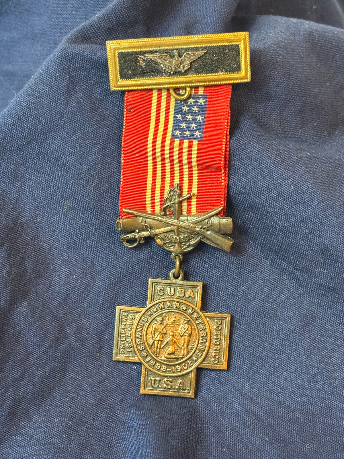 Spanish American War Veterans Medal Ribbon Pin Commander Puerto Rico Cuba