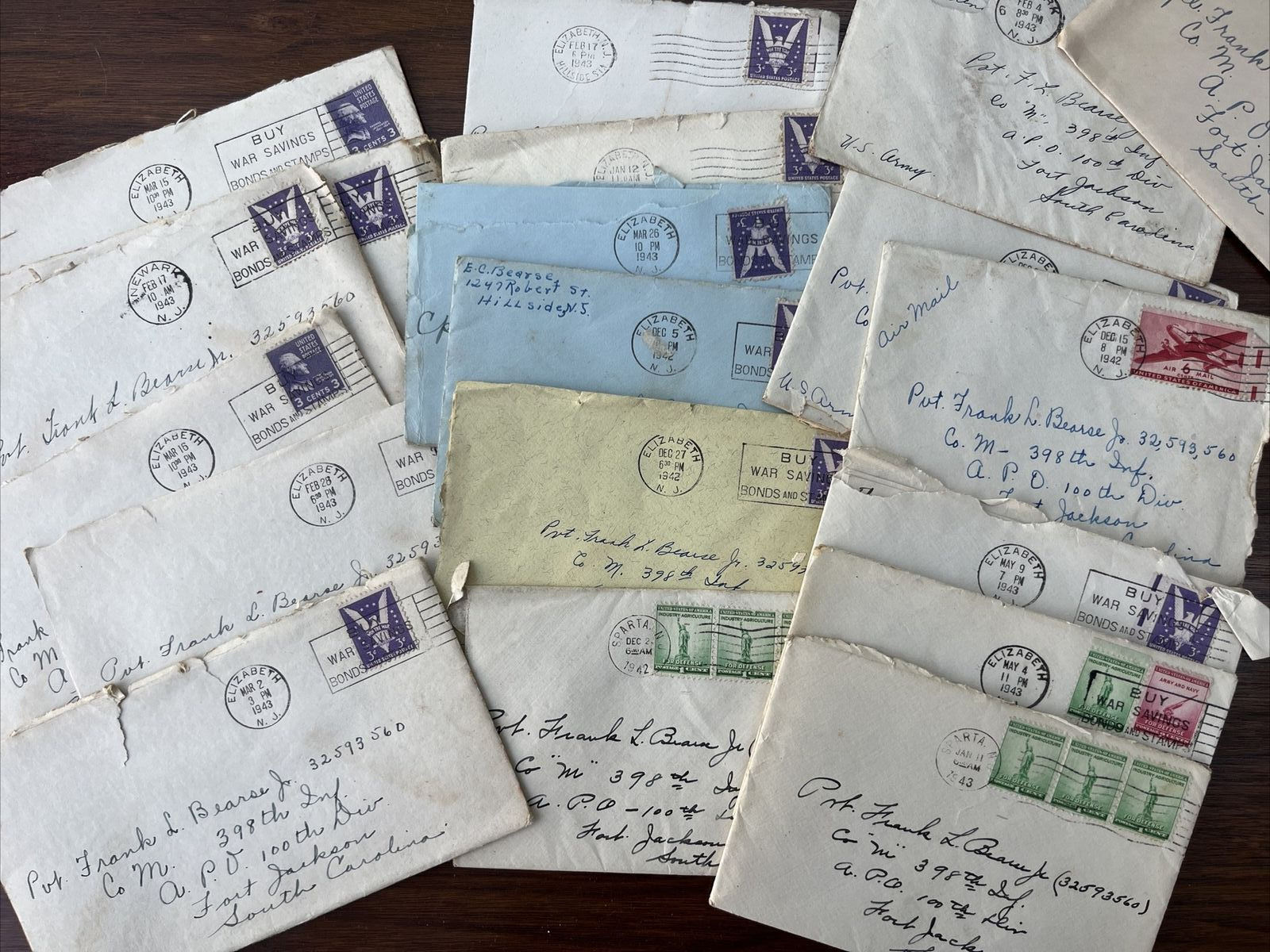 WWII U.S. Army Lot 95 + LETTERS From Family to NJ Corporal 398th Infantry 1943