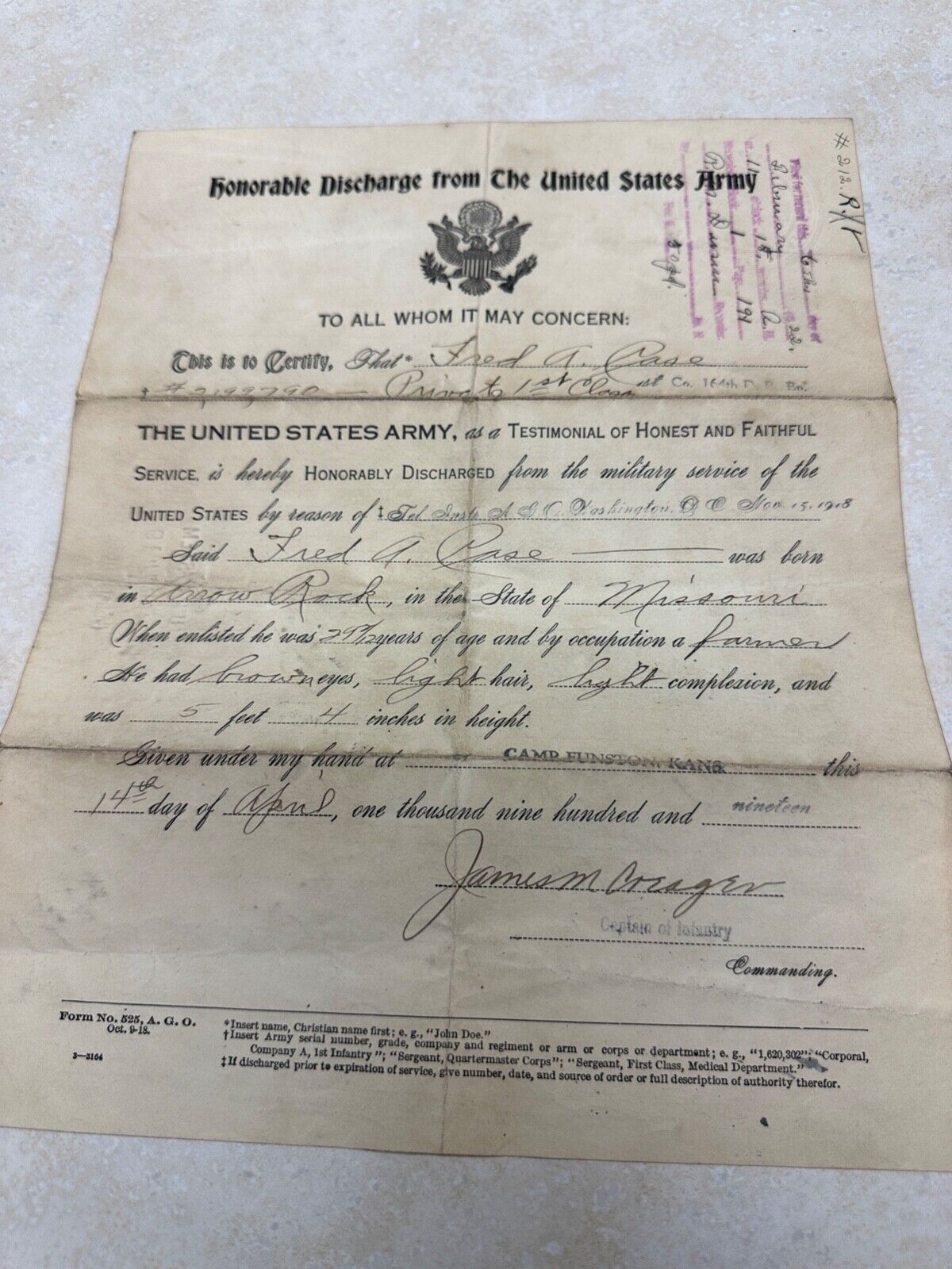 WW1 US MILITARY ARMY DISCHARGE PAPER - Missouri Soldier