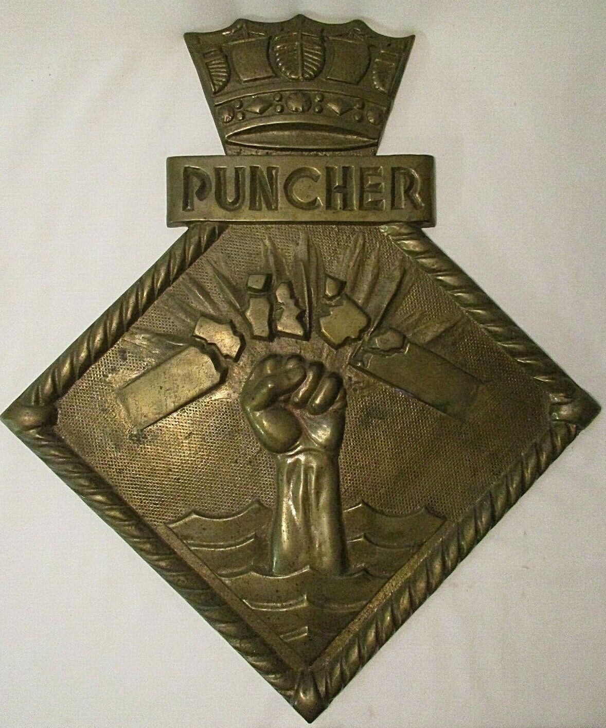 Vtg WWII HMS Puncher Brass Wall Plaque Shield WW2 Maritime Nautical