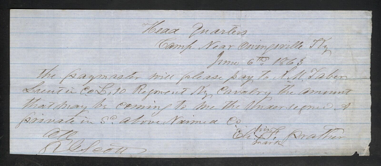1863 Manuscript 10th Kentucky Cavalry Pay Order