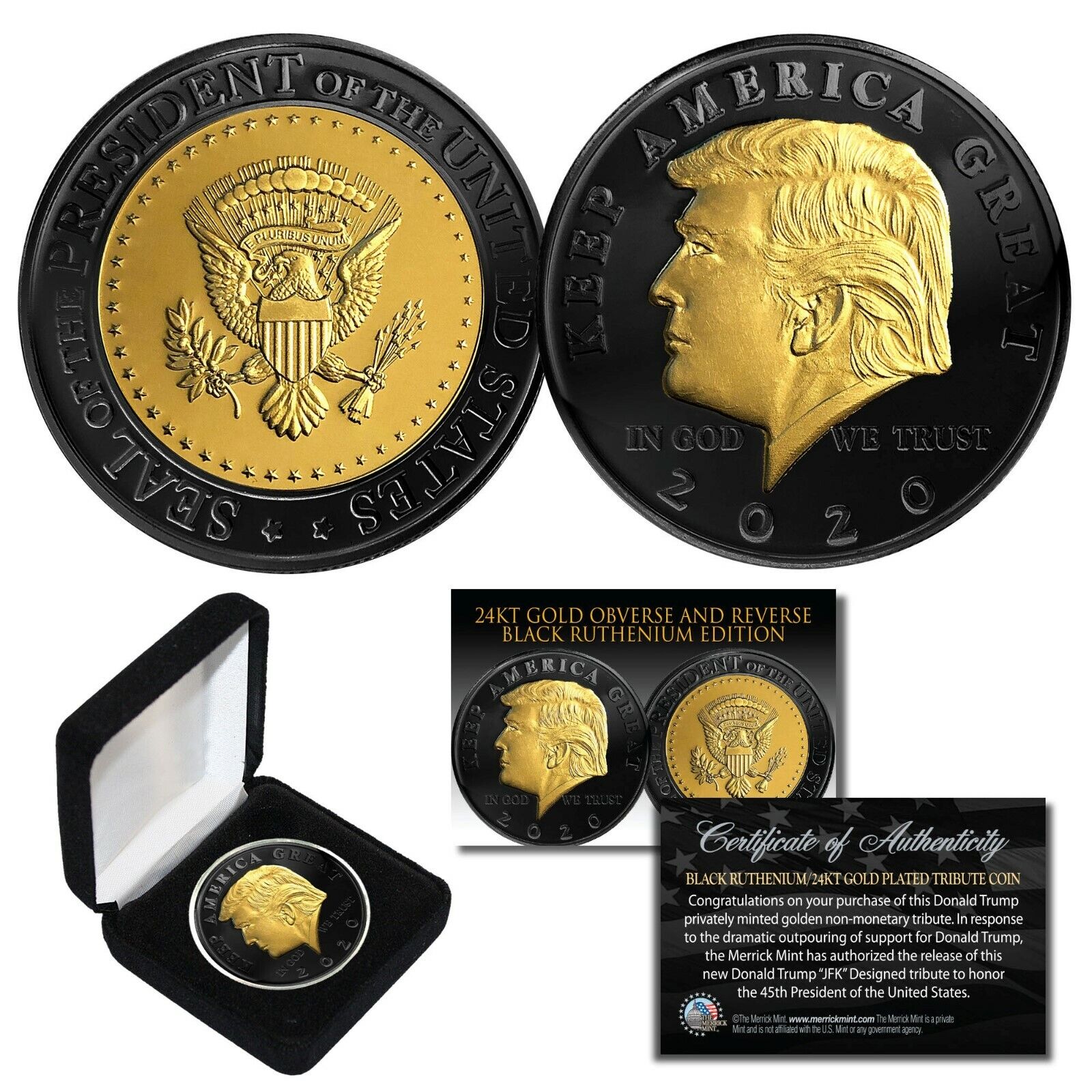 DONALD TRUMP 2020 Keep America Great BLACK RUTHENIUM 24K GOLD Medallion Coin BOX