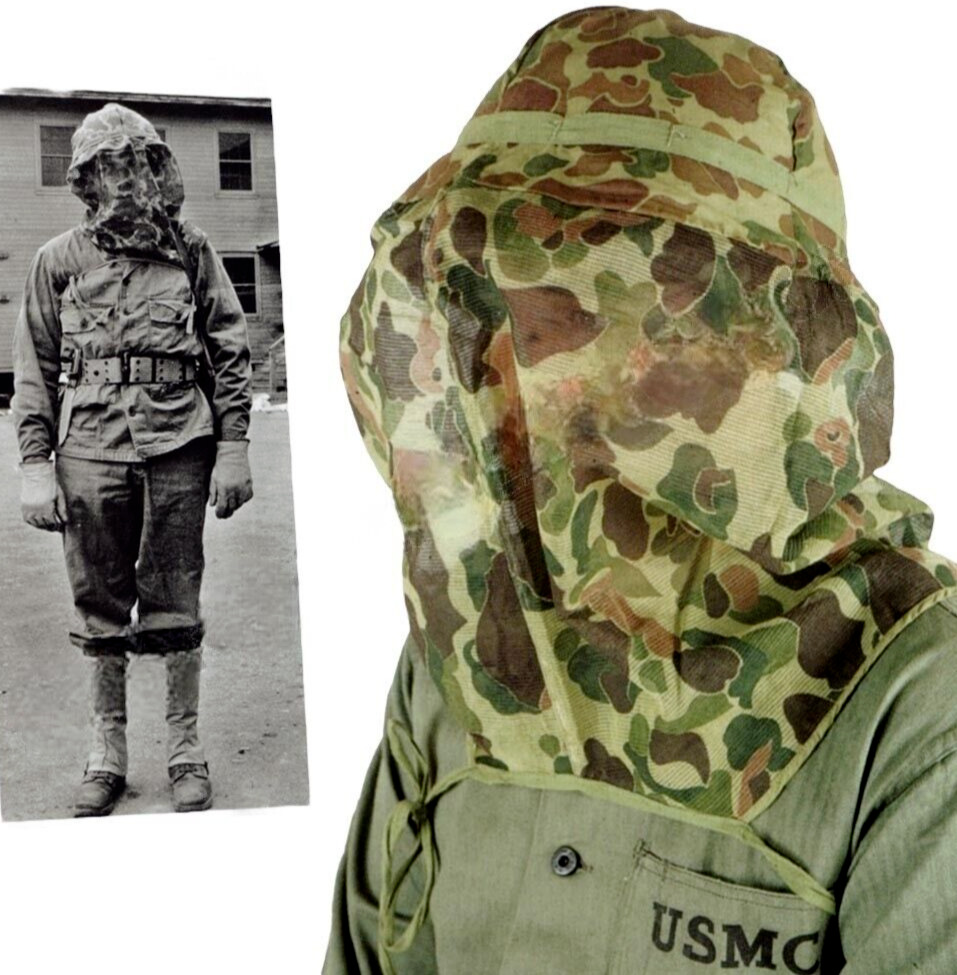 WWII USMC Mosquito Net Helmet Cover Jungle Camo Mildew Resistant 1943 Authentic