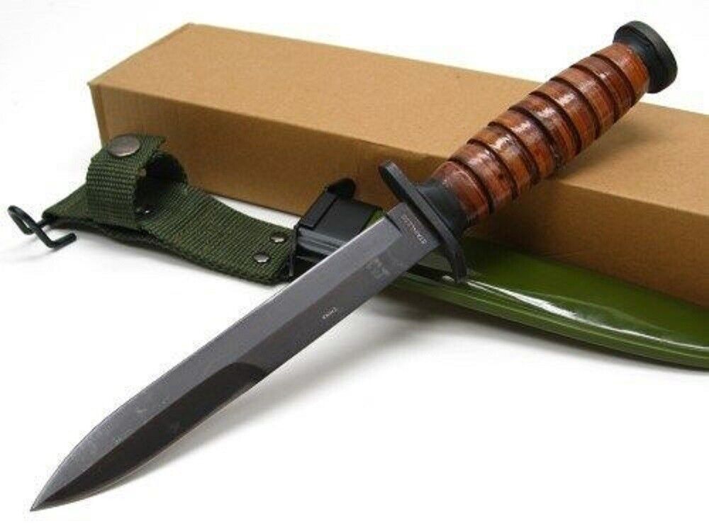  WWII Trench Fighting KA Knife Reproduction w/ Sheath & Belt Bar, Leather Handle